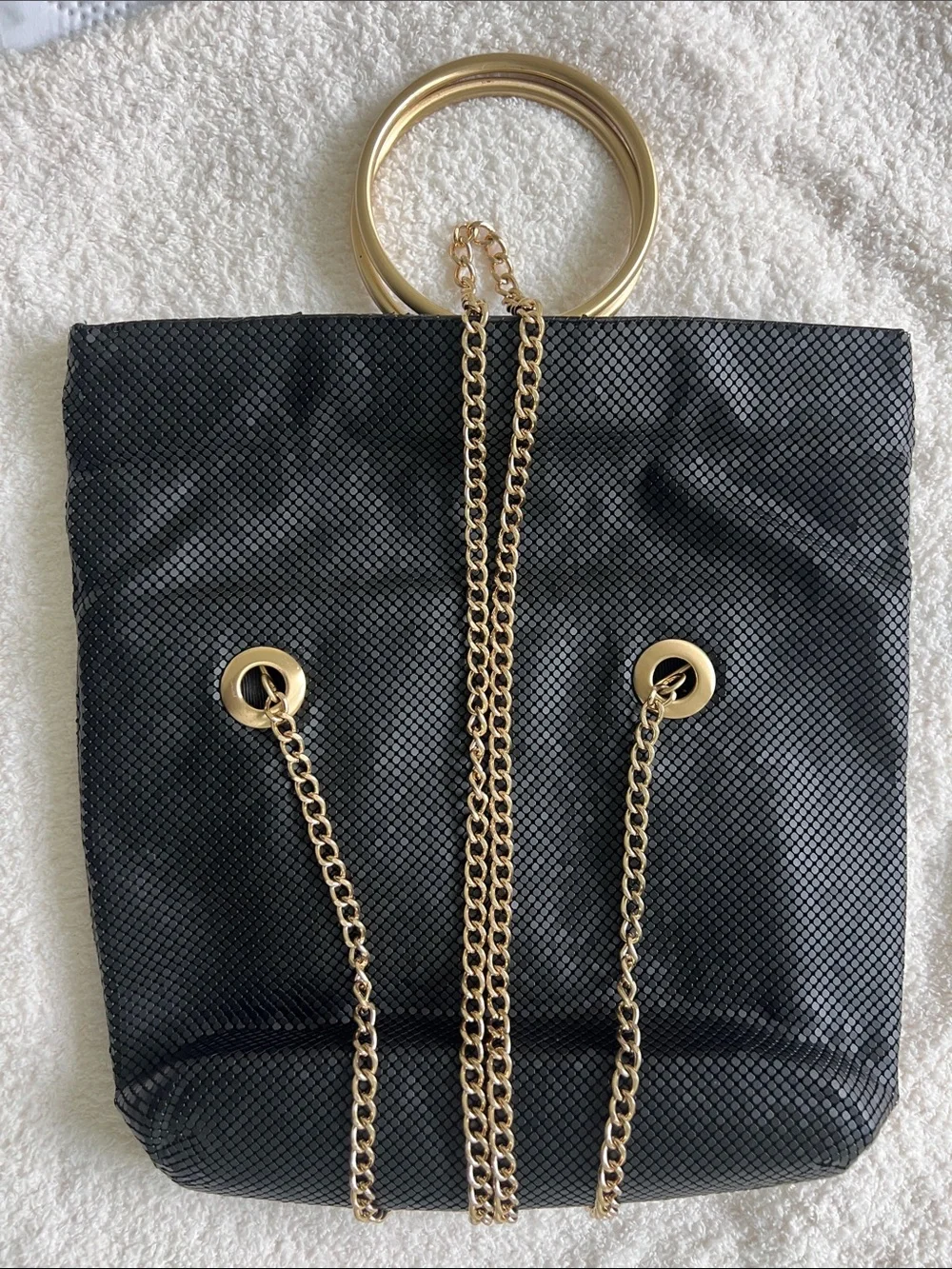Whiting & Davis Black Textured Clutch with Gold Double Hoop Handle